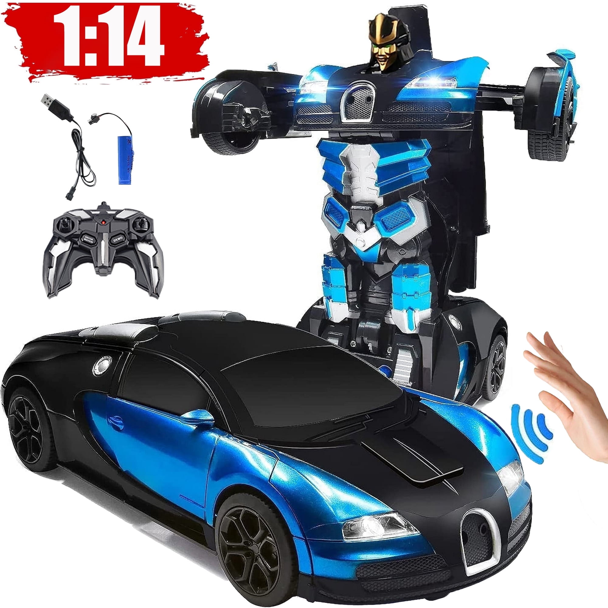 Ficcug Remote Control Transforming Car Robot Toys,2.4GHz 1/14 Scale Transform RC Racing Cars Toys with Gesture Sensing / One Key Deformation / 360 Spins for Kids Boys Girls