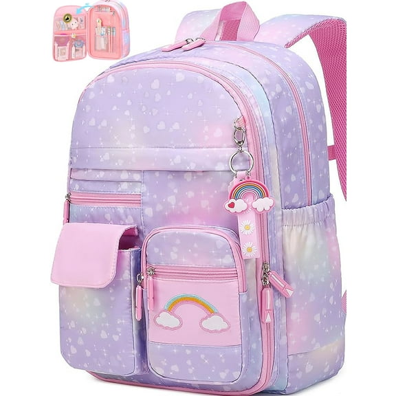 Ficcug School Bag Backpacks for Girls,Shoulder Children School Bookbags for Kids,Primary School Season Gift,Purple
