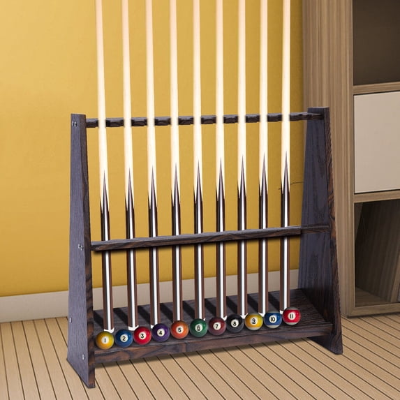 Fichiouy 10 Holes Wooden Pool Cue Rack Floor Free Standing Pool Stick Holder 35mm Aperture
