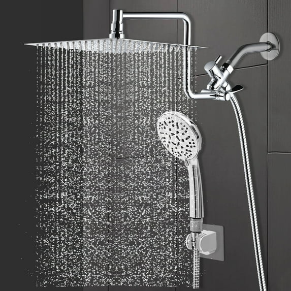 Fichiouy 10" Stainless Steel Rainfall Shower Head with Handheld Spray Mixer Tap Wall Mount Square Shower Head Silver