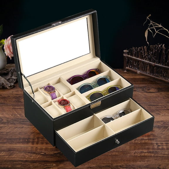 Fichiouy 2 Layer Jewelry Display Box 9+6 Watch Sunglass Storage Organizer Case with Drawer&Lock Black
