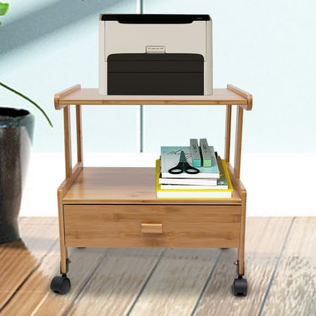 Fichiouy 2-Tier Printer Stand with Wheels + Drawer Bamboo Storage Shelf Rack Cart Home Office
