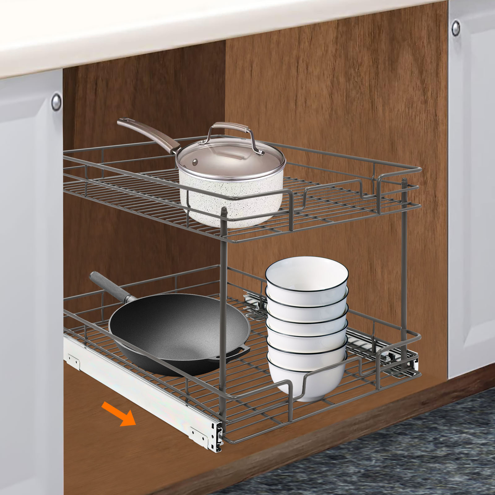 Fichiouy 2 Tier Pull-out Cabinet Organizer Rack Slide Out Drawers ...