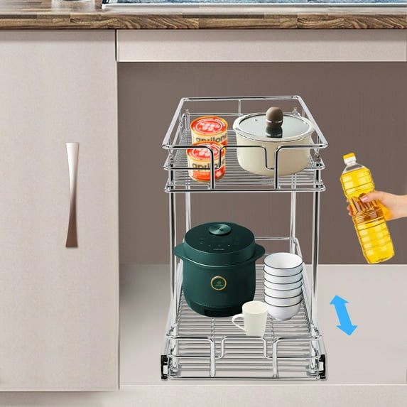 Fichiouy 2 Tier Pull-out Cabinet Organizer Rack Slide Out Drawers Cabinet Organizer for Kitchen Under Sink