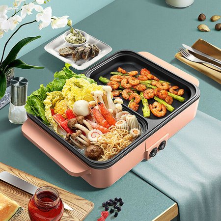 Fichiouy 2 in 1 Electric Hot Pot BBQ Shabu Portable Kitchen Barbecue Grill Teppanyaki Pan