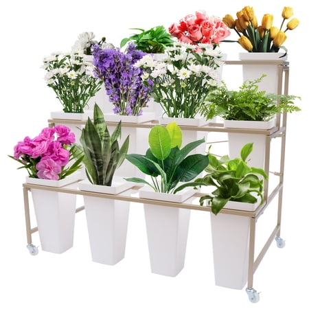 Fichiouy 3-Laye Flower Display Stand Metal Plant Stand with Wheels&12 Bucket for Garden Farm White