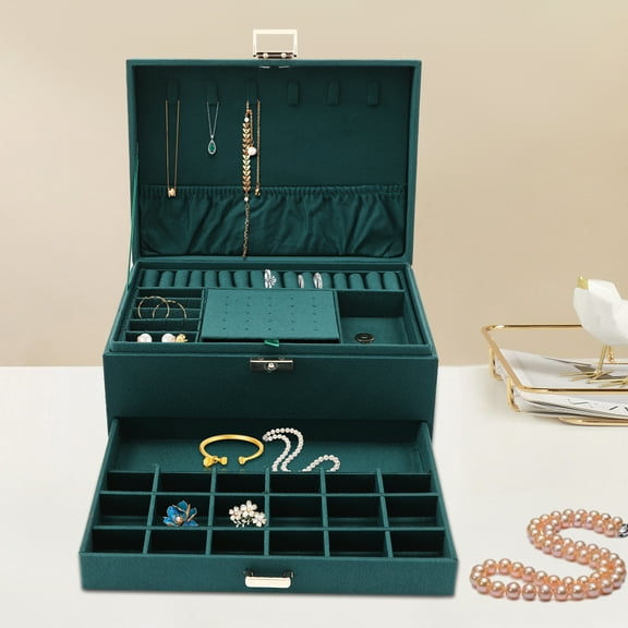 Fichiouy 3-Layer Jewelry Box Flannel Case Organizer Storage for Necklaces Rings Earrings Dark Green