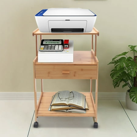 Fichiouy 3 Tiers Wood Printer Stand Home Nightstand Plant Pot Rack with Wheels & Drawer