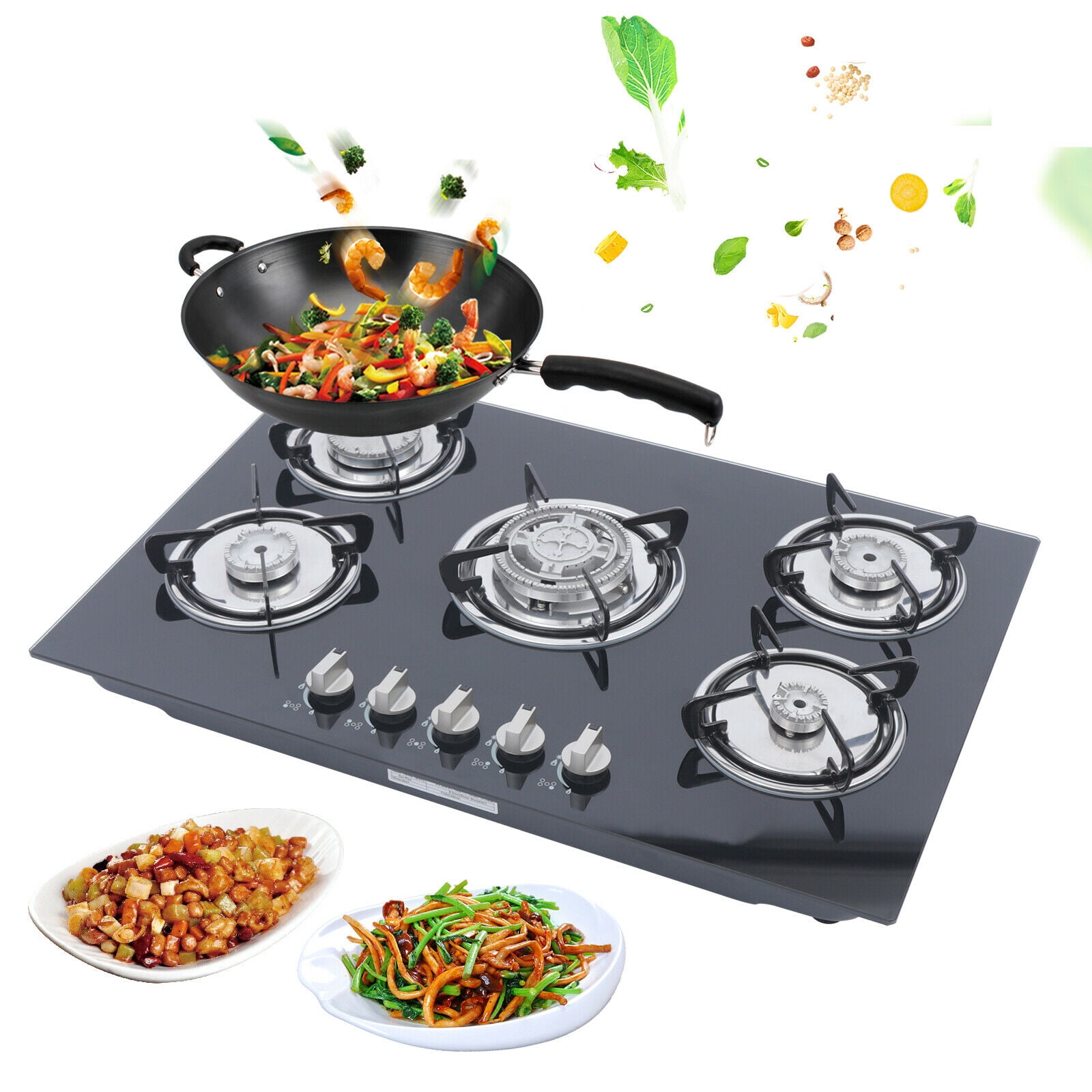 Fichiouy 30.3" Gas Cooktop 5 Burners Built-in Stove LPG/NG Gas Top Stove Tempered Glass for Kitchen