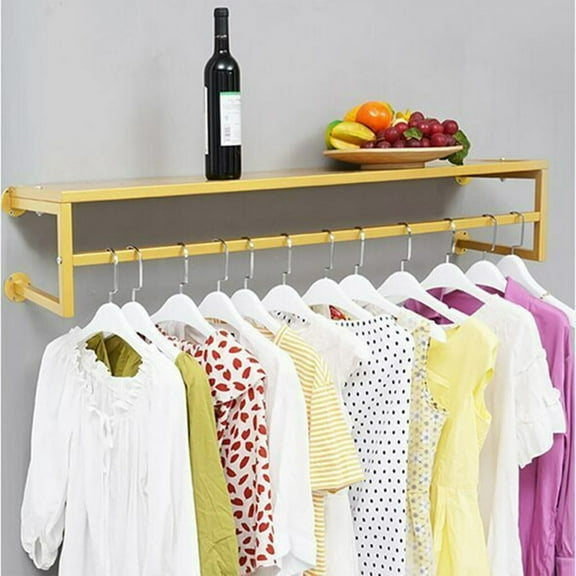 Fichiouy 31.5" Wall Mounted Clothes Hanging Rod Coat Rack Clothing Rail w/Top Shelf
