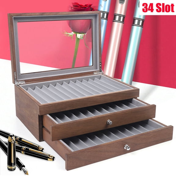Fichiouy 34 Slots Pen Display Box Fountain Pen Collector Organizer Case Walnut Wood as Gift