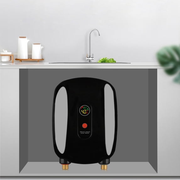 Fichiouy 3KW Mini Electric Tankless Instant Hot Water Heater with LCD Display for Kitchen Bathroom Black