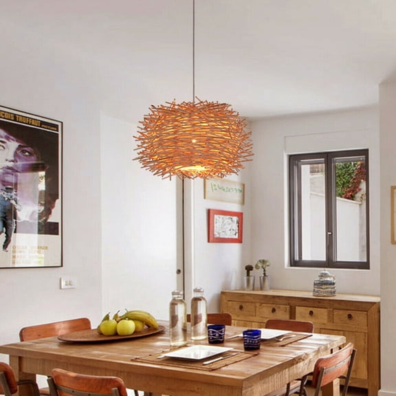 Fichiouy 40cm Weaving Rattan Ceiling Pendant Light Shade Bird Nest Hanging Lamp E27 Golden