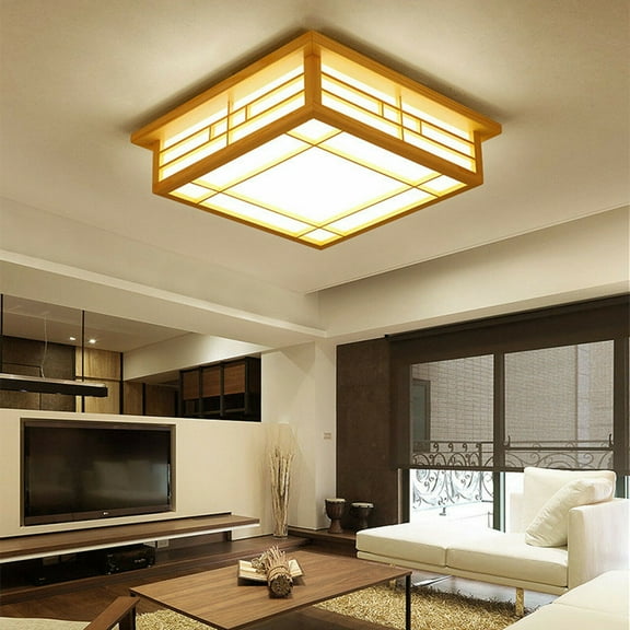 Fichiouy 45cm Wooden Square Pendant Light Tatami Ceiling Light Japanese Grid LED Lamp Indoor Decor with Remote