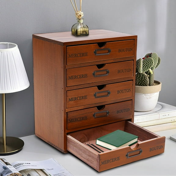 Fichiouy 5-Layer Drawer Storage Cabinet Retro Wood Table Top Desk Shelf Drawer Organizer Brown