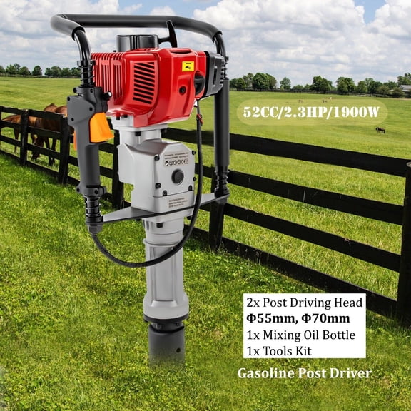 Fichiouy 52CC 2 Stroke Powered Post Driver 1900W Gas Powered Pile Driver Portable Petrol Piledriver Pile Hammer Single Cylinder Air Cooling 6500RPM