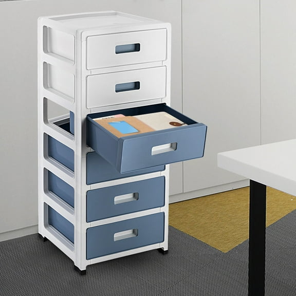 Fichiouy 6-Drawer Organizer Removable Slot Storage Cabinet Plastic for Office School Bathroom Blue
