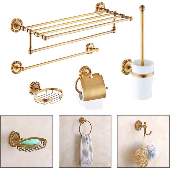 Fichiouy 7Pcs Antique Bathroom Accessories Bath Hardware Set Carved Brass Towel Rack Bar