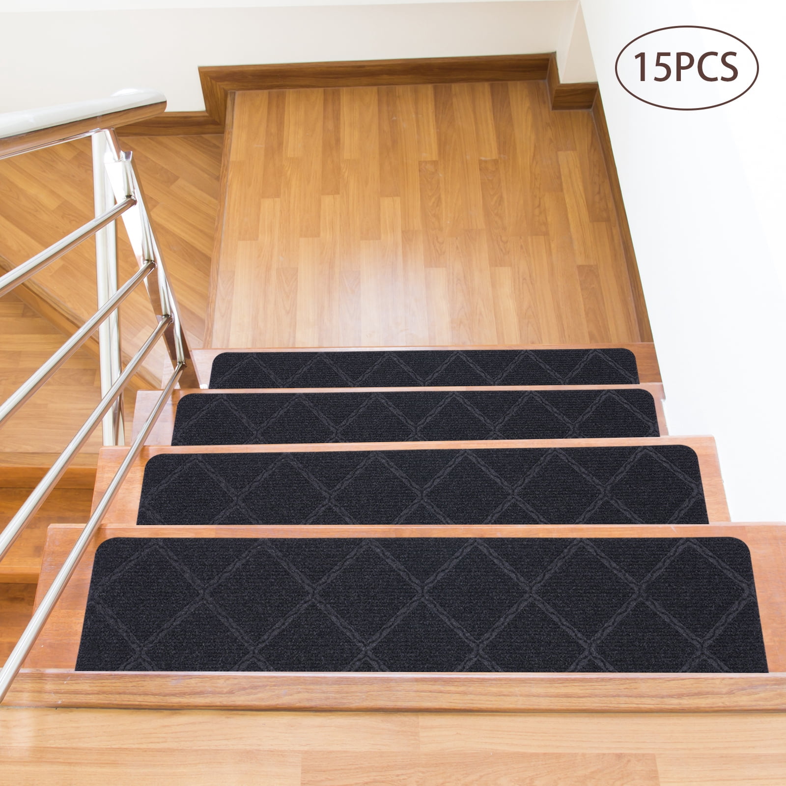 Costway 15-Pack Non-Slip Stair Treads - Black Carpet Stair Mats 30x8 Inches Indoor Safety