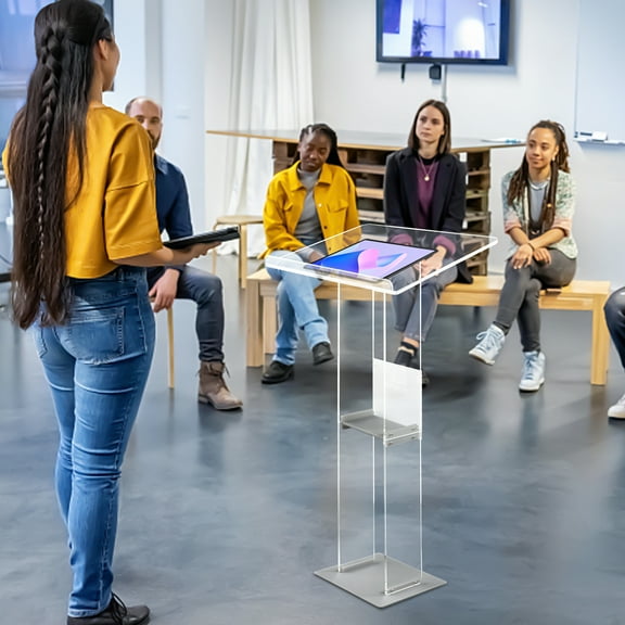Fichiouy Classic Acrylic Clear Podium Stand with Storage Shelf for Churches Conference Speeches Event Reception