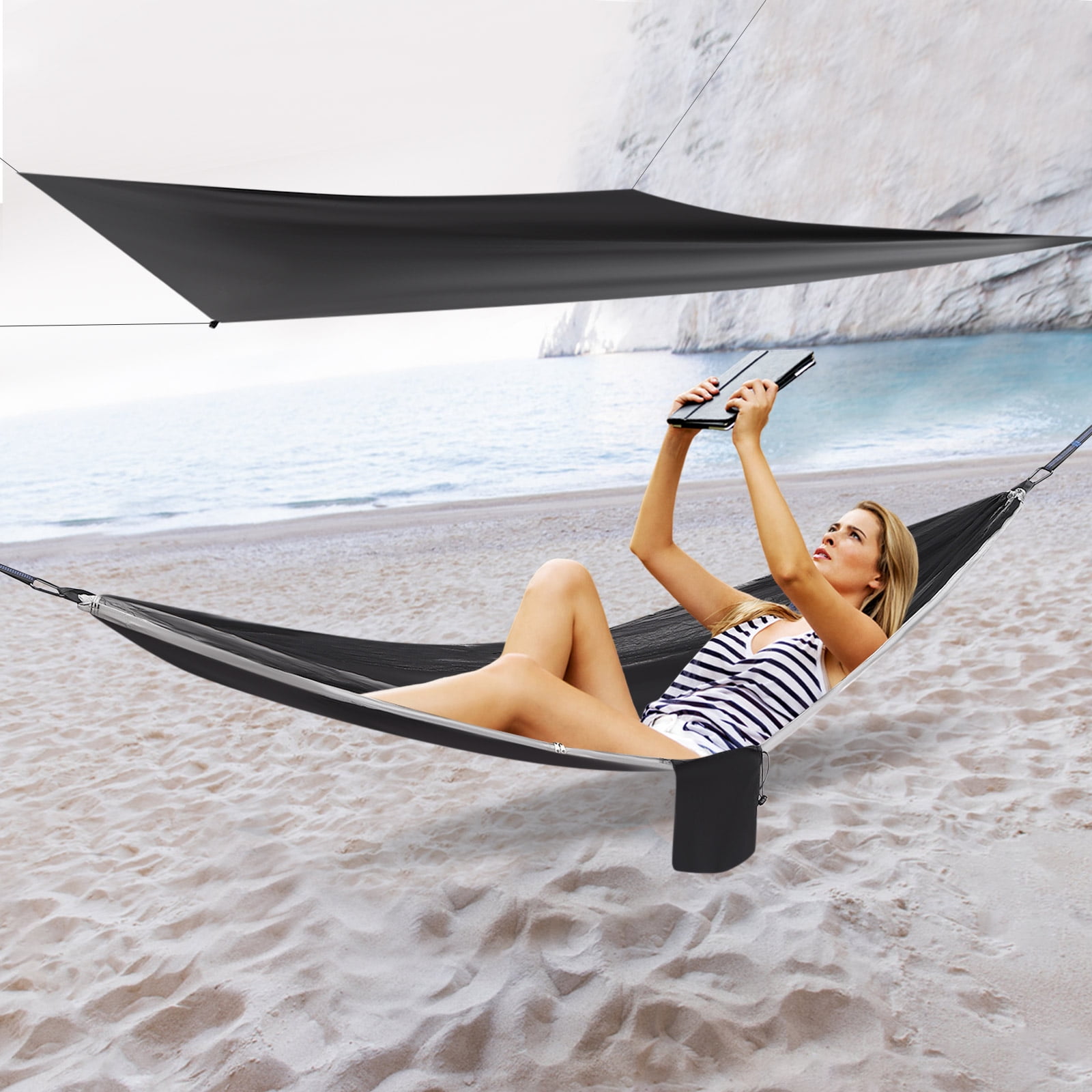 Fichiouy Camping Hammock with Net Tent and Rain Fly Tarp Portable Nylon Parachute Hammock with Heavy Duty Tree Strap Load-Bearing Capacity 200kg/440.9lbs