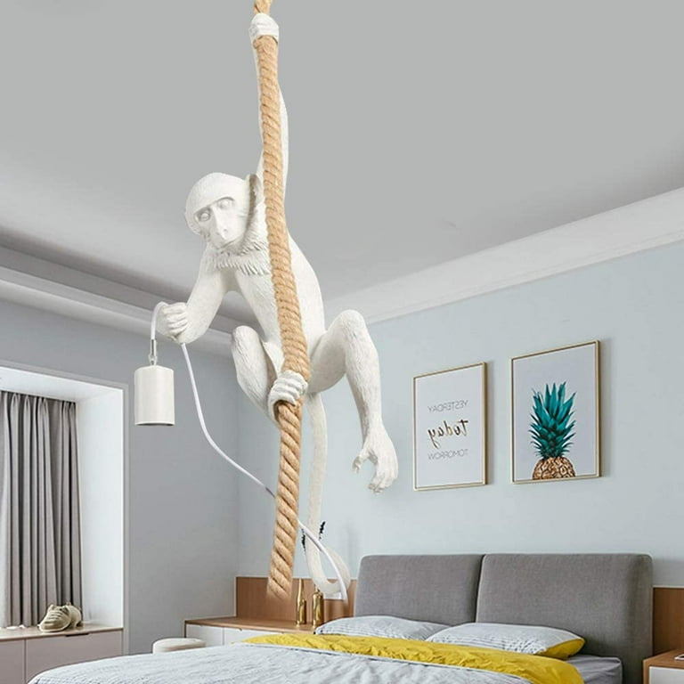 Fichiouy Chandelier Vintage Hemp Rope Monkey Pendant Light Fixture Chandelier for Dining Bar E27 White