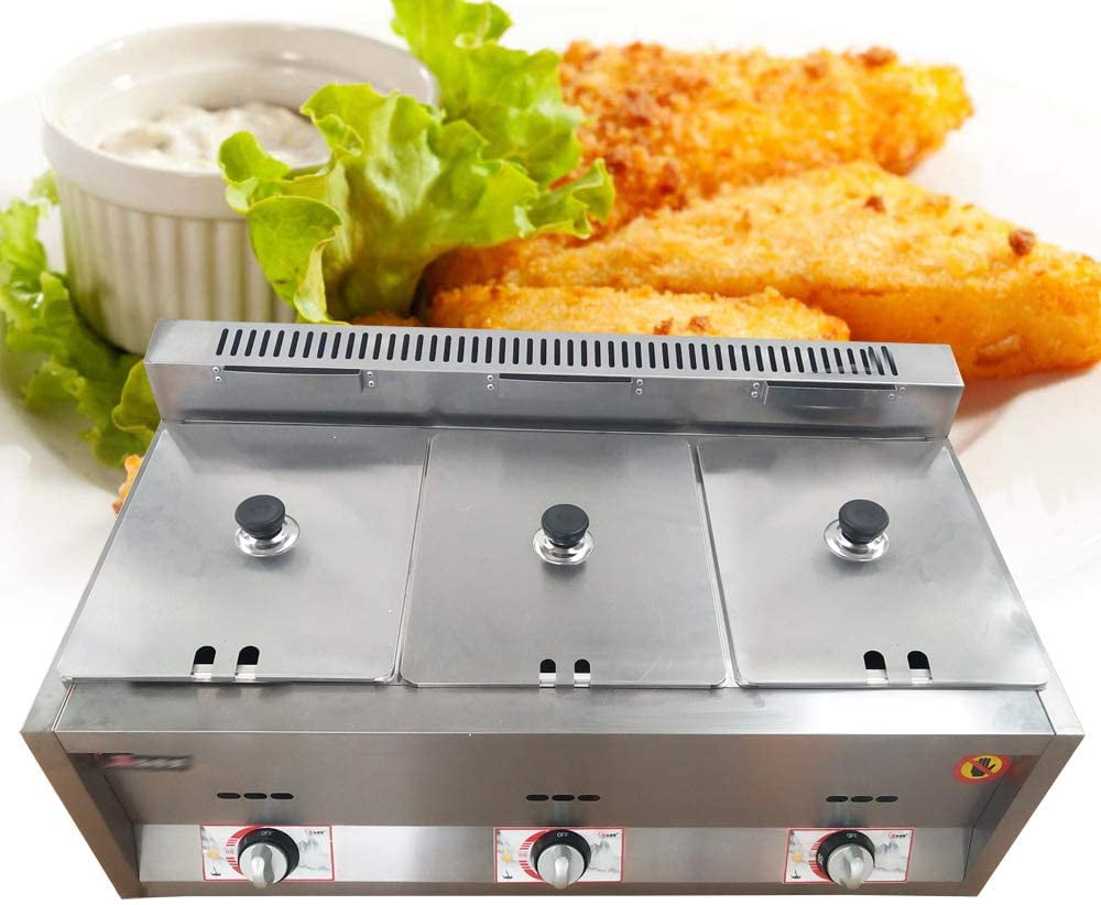 Fichiouy Commercial 3-Pan Gas Fryer Countertop Stainless Steel Food Warmer Steam Table 50 ~ 380C 6L