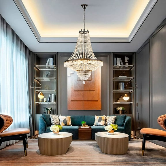 Fichiouy Crystal French Empire Chandelier Ceiling Lamp Light Large Foyer Pendant Light