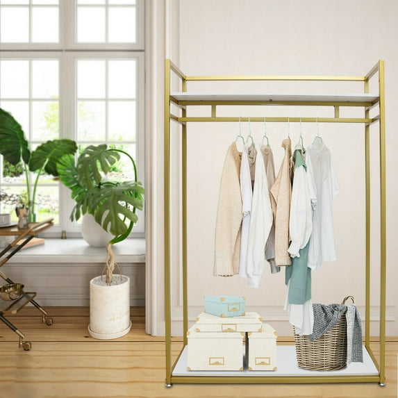 Fichiouy Double Closet Garment Rack Organizer Clothes Hanger Rail Deck Shelves Heavy Duty with Shelve Gold