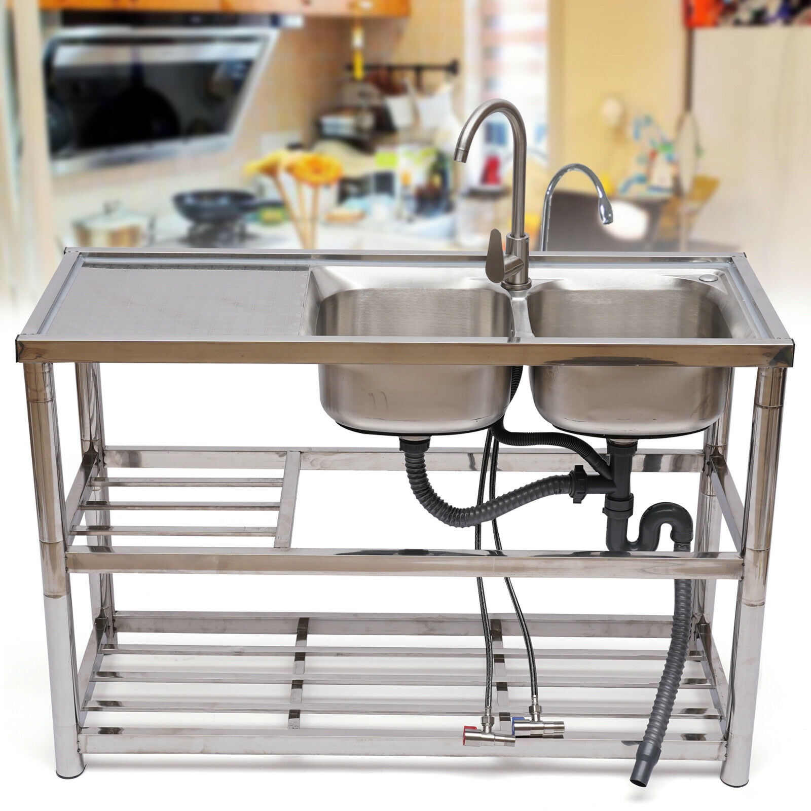 Fichiouy Free-standing Kitchen Sink Stainless Sink 2 Bowls with Drainer Unit&Faucet Commercial Silver