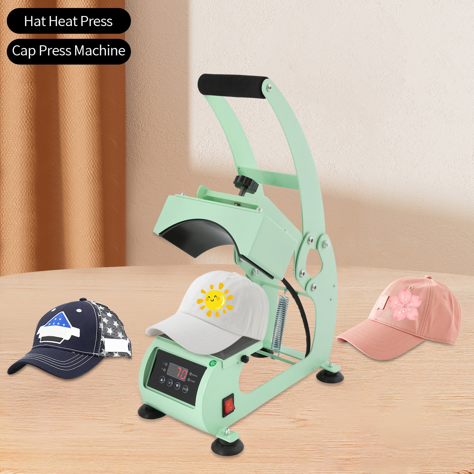 Fichiouy Hat Heat Press Machine for Caps with 2pcs Interchangeable Platens(5.59"x3.78", 4.92"x2.95"), Heat Transfer Printing Light Green