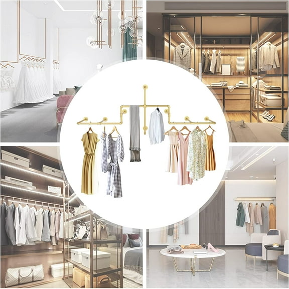 Fichiouy Industrial Pipe Clothing Display Rack Wall Mounted Garment Rack Hanging Bar Gold