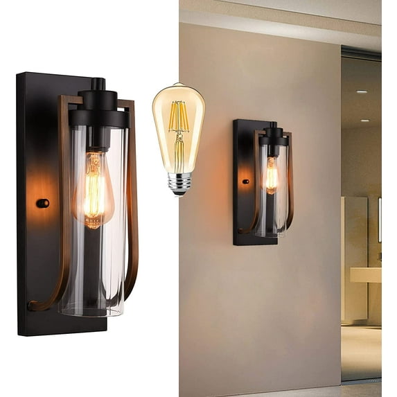 Fichiouy Industrial Wall Sconces Farmhouse Wall Light Fixtures E26 Vintage Indoor Wall Lanterns with Glass Shade (Black)