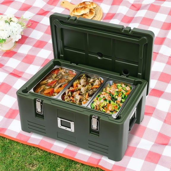 Fichiouy Insulated Food Pan Carrier 31.7Qt Capacity Stackable Catering Hot Box with 3 Stainless Steel Pans Elastic Side Handles and Buckles for Restaurant Canteen