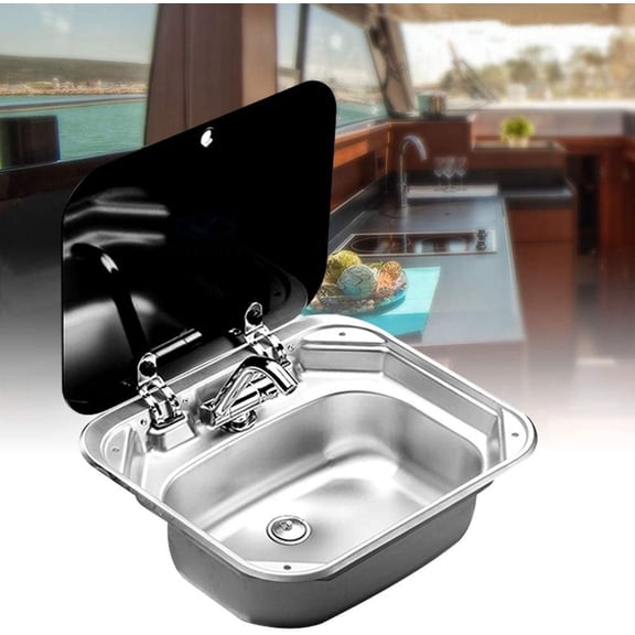 Fichiouy Kitchen Basin Sink Hand Wash Basin with Glass Lid Cold&Hot Faucet for RV Caravan Camper Silver
