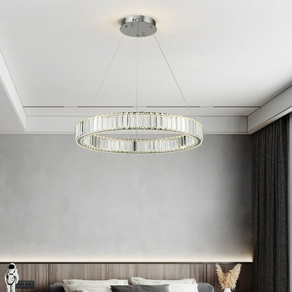 Fichiouy LED Crystal Chandelier Ring Pendant Dimmable Ceiling Light Modern Hanging Lamp