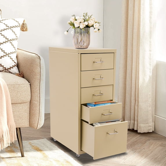 Fichiouy Metal File Storage Cabinet with Rubber Wheels 5-Drawer Storage Cabinet for Home Office 16" D x 11" W x 27" H