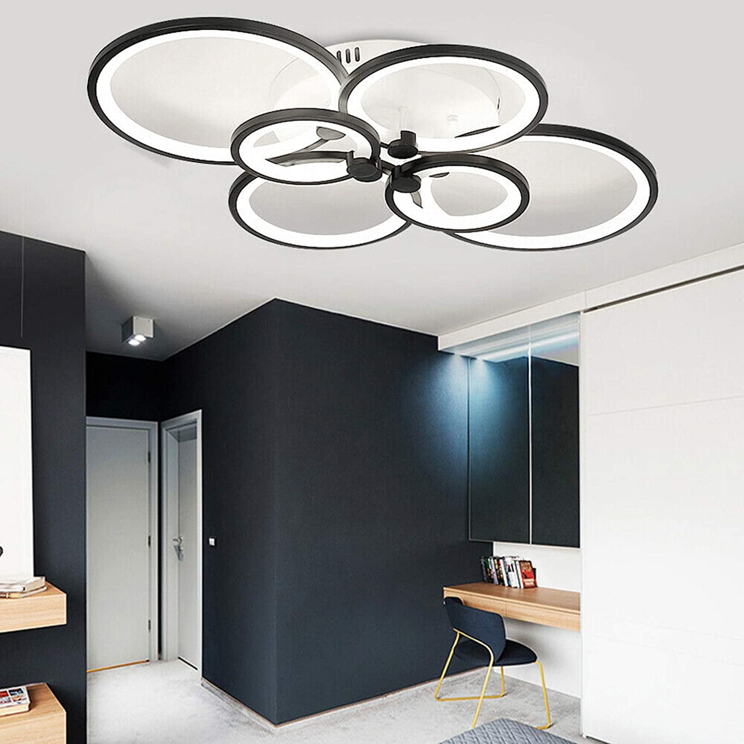 Fichiouy Modern LED Ceiling Lights Acrylic 6 Circle Ring Chandelier Lamp Fixture Dimming 3 Colors with Remote Control Black 100W