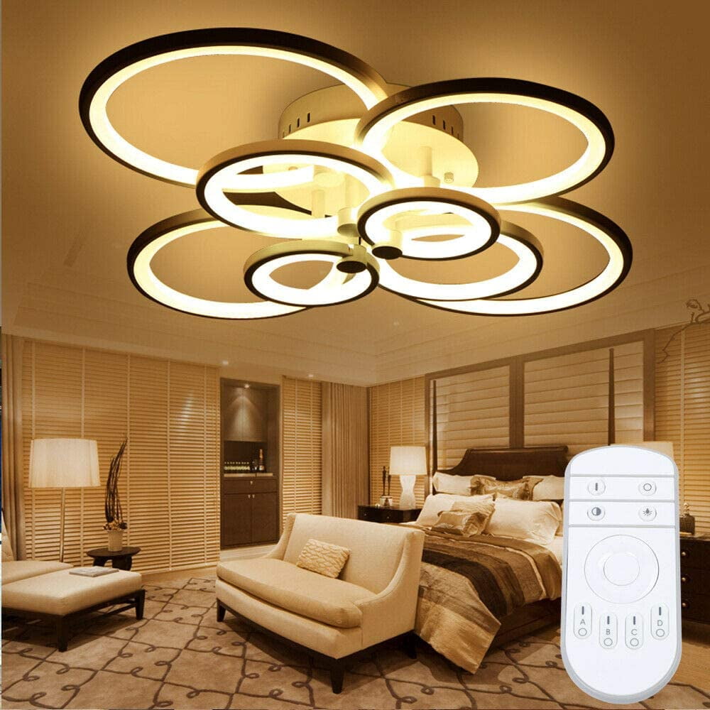 Fichiouy Modern LED Ceiling Lights Acrylic 8 Circle Ring Chandelier Lamp Fixture Dimming 3 Colors with Remote Control Black 150W