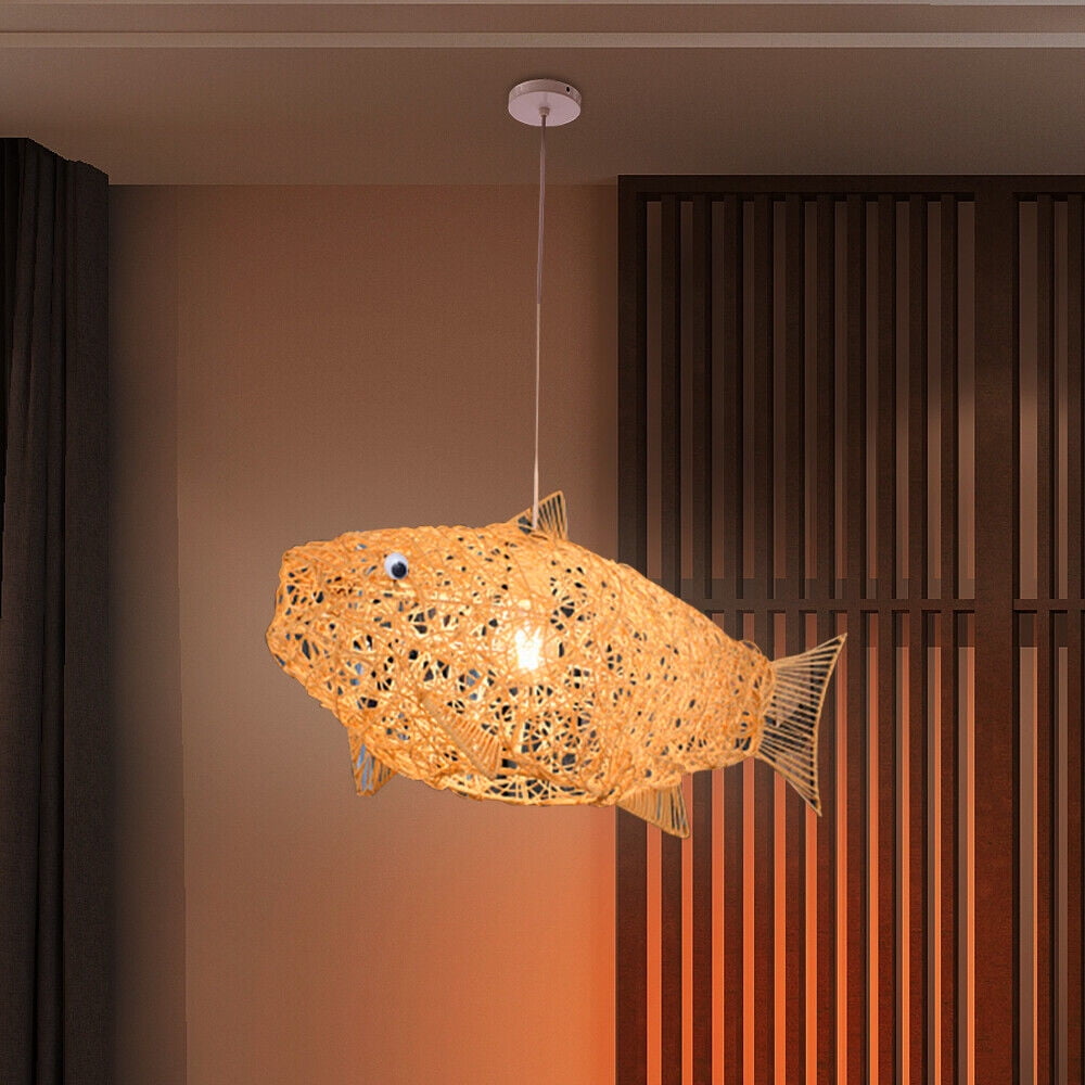 Fichiouy Modern Wicker Rattan Fish Shade Pendant Light LED Living Room Chandelier