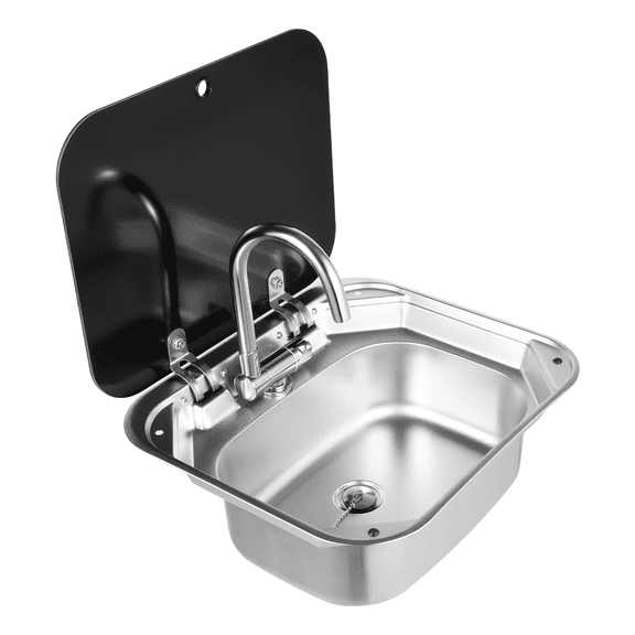 Fichiouy RV Caravan Sink Stainless Steel Hand Wash Basin Sink Single Bowl Rectangular Sink with Folded Faucet