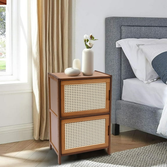 Fichiouy Rustic Bamboo Nightstand with Drawers Rattan Side Table Bedside End Table for Bedroom Living Room 16.93 x 12.6 x 26.77in