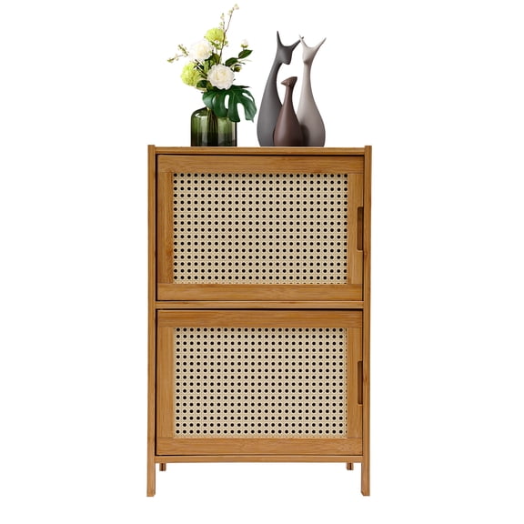 Fichiouy Rustic Bamboo Nightstand with Drawers Rattan Side Table Bedside End Table for Bedroom Living Room 16.93 x 12.6 x 26.77in