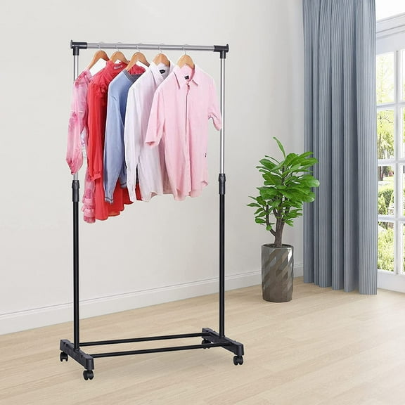 Fichiouy Single Rod Floor Hanger Storage Clothes Drying Rack Adjustable Telescopic Composite Tube Rolling Indoor Home