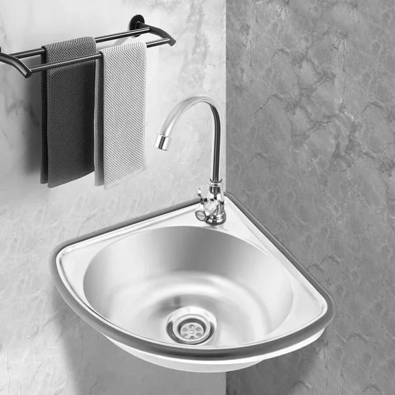 Fichiouy Triangle Wash Basin Stainless Steel Corner Sinks Single Bowl with Faucet for Kitchen Silver