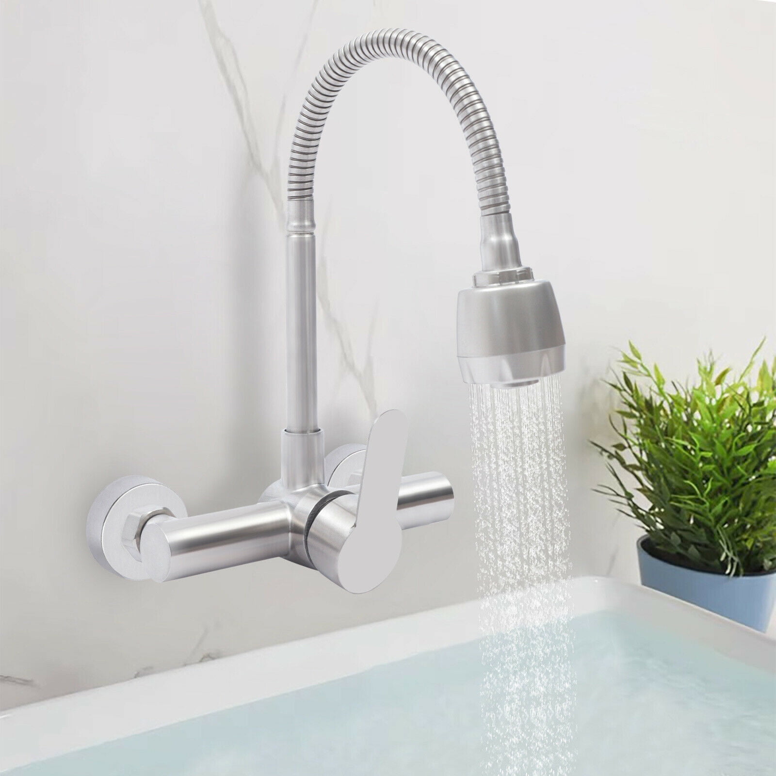 Fichiouy Wall Mounted Kitchen Faucet Single Handle Commercial Sink Mixer Tap Adjustable