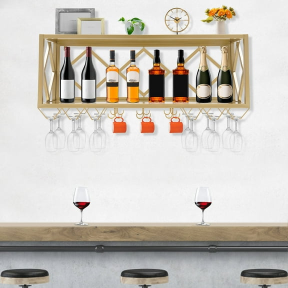 Fichiouy Wall Mounted Wine Rack Floating Wine Glass Rack Industrial Hanging Goblet Rack with Partitions Bottle Holder Holding 12 Goblets and 12 Mugs for 1.57-3.54in Ddia Bottle