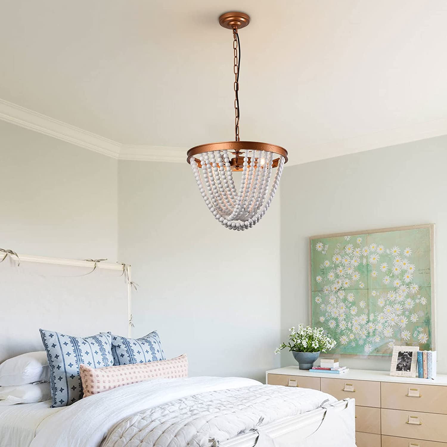 Fichiouy White 3 Light Wood Bead Farmhouse Chandelier Not Included Bulbs