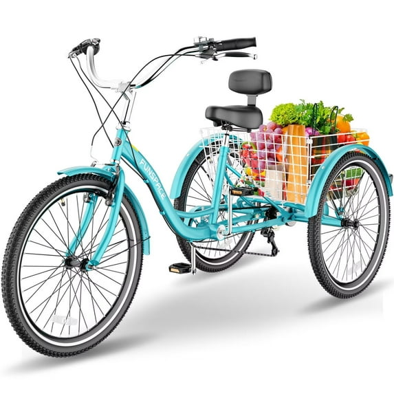 Ficisog 26" Adult Tricycles 7 Speed 3 Wheel Bike with Low-Step Through Frame/Large Basket Unisex,Cyan
