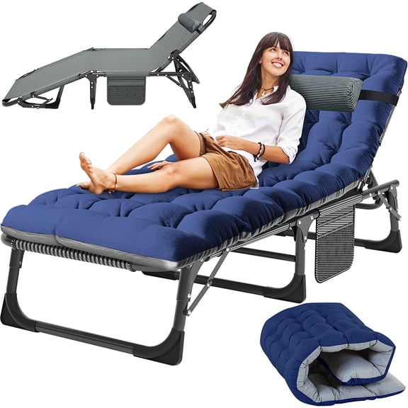 Ficisog Adult Folding Camping Cot, Adjustable 4-Position Reclining Folding Chaise with Pillow&Mattress